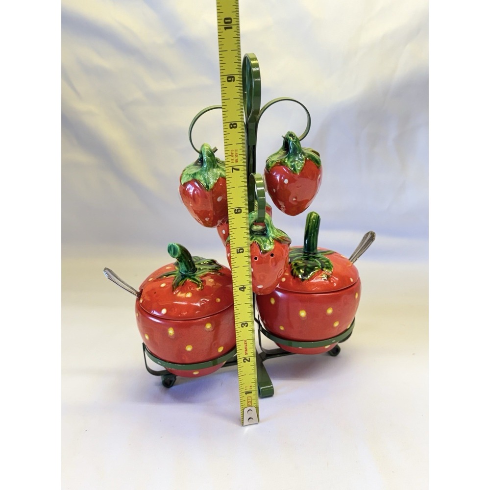Vintage Strawberry Kitchen Set Caddy Shakers Jam Pots Harry & David Spreaders - Picture 7 of 14